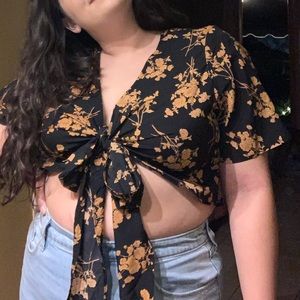 SHEIN tan floral crop top tie shirt